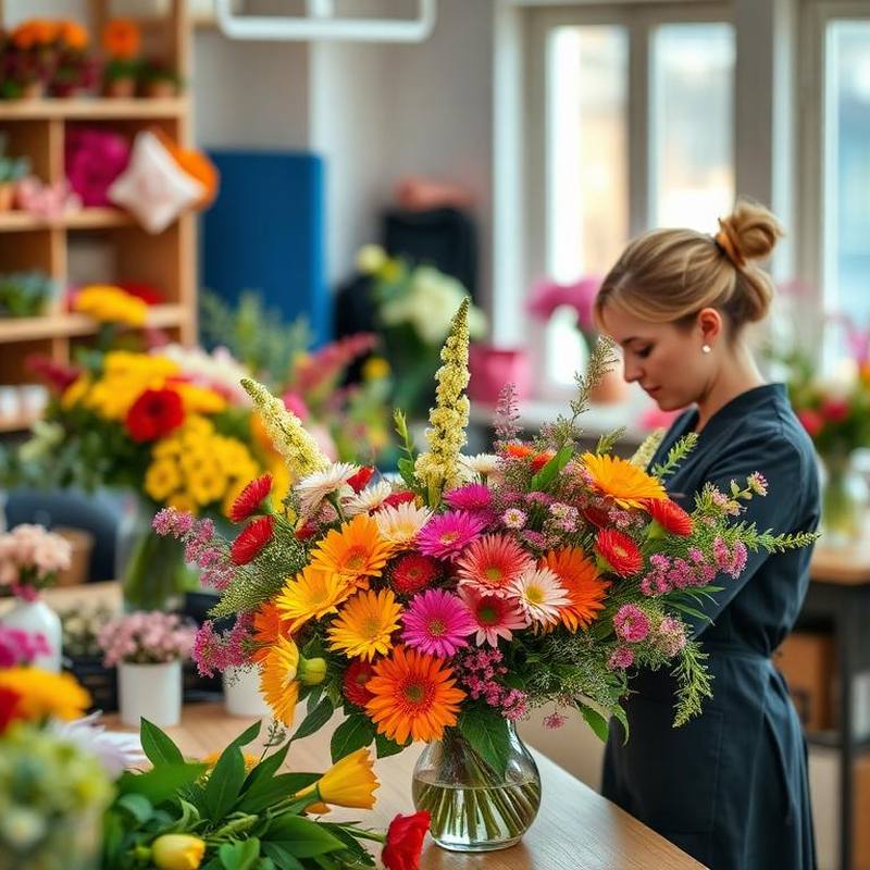 Floristin bindet einen bunten Strauß am Arbeitstisch des Blumenladens — EasyShopApp für Blumenladen & Floristik