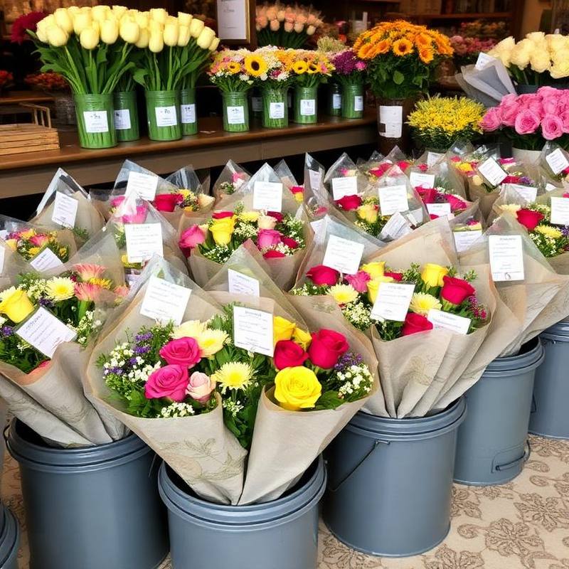 Verpackte Sträuße mit Kärtchen stehen im Blumenladen zur Auslieferung bereit — EasyShopApp für Blumenladen & Floristik