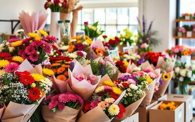 Blumenladen mit bunten Sträußen und Lieferkartons — EasyShopApp für Blumenladen & Floristik