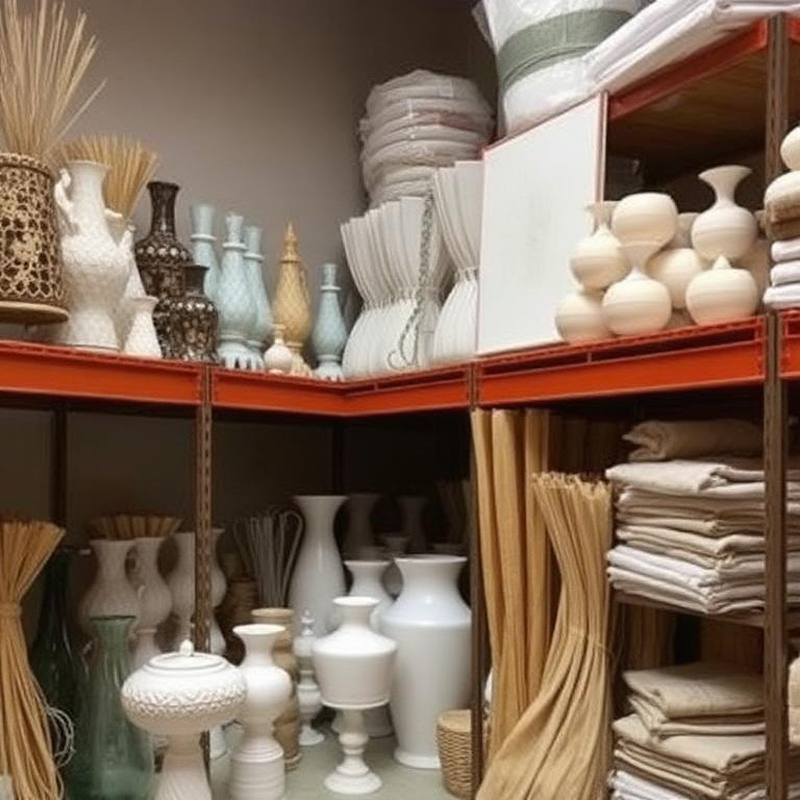 Regale mit Vasen, Laternen und Stoffen im Lager eines Dekorationsservice — EasyShopApp