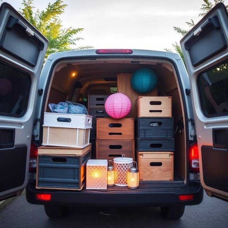 Transporter beladen mit Dekokisten und Lampions für ein Event — EasyShopApp für Dekorationsservice