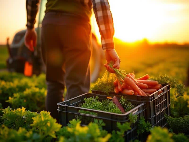 Landwirt erntet frische Karotten und legt sie im Abendlicht in eine Erntekiste — EasyShopApp für Bauernhof & Hofladen