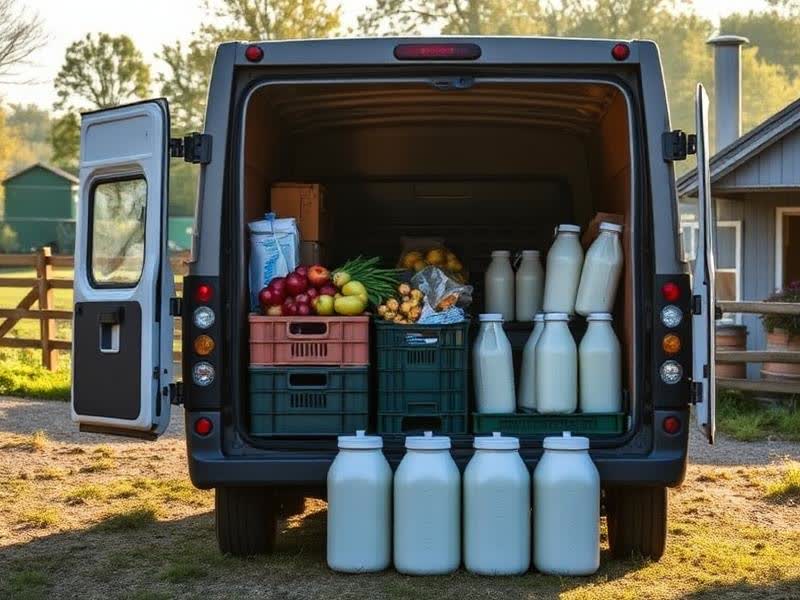 Lieferwagen wird auf dem Hof mit Kisten voller Obst, Gemüse und Milchflaschen beladen — EasyShopApp für Bauernhof & Hofladen