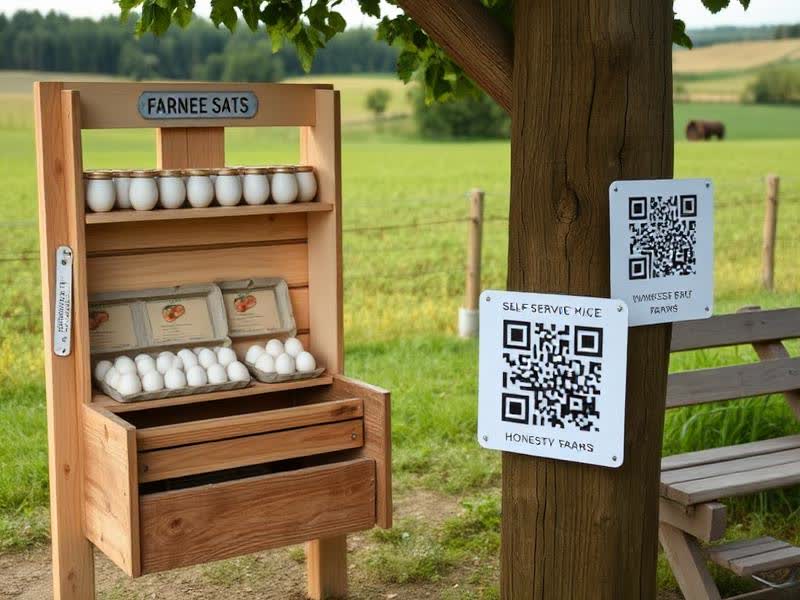 Selbstbedienungsregal mit Eiern und Hofprodukten am Feldrand mit QR-Code-Schild zur Onlinebestellung — EasyShopApp für Bauernhof & Hofladen