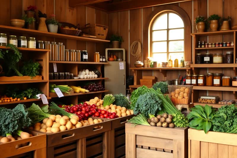 Hofladen mit Holzkisten voller frischem Gemüse, Eiern und Einmachgläsern — EasyShopApp für Bauernhof & Hofladen