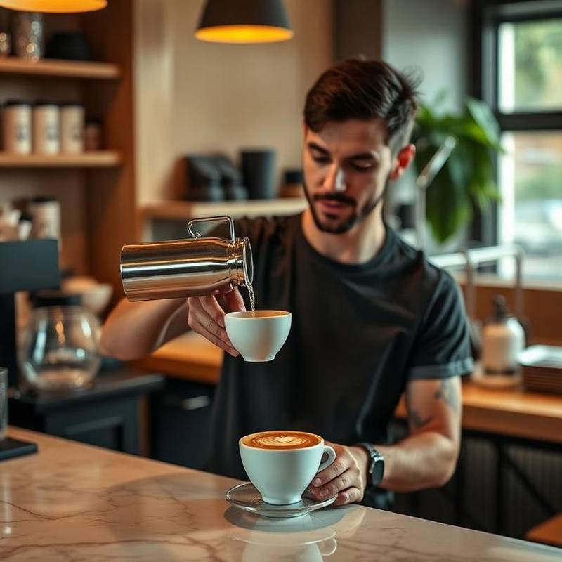 Barista gießt Milchschaum in eine Tasse an der Theke eines modernen Kaffeeshops — EasyShopApp für Kaffeeshop & Café