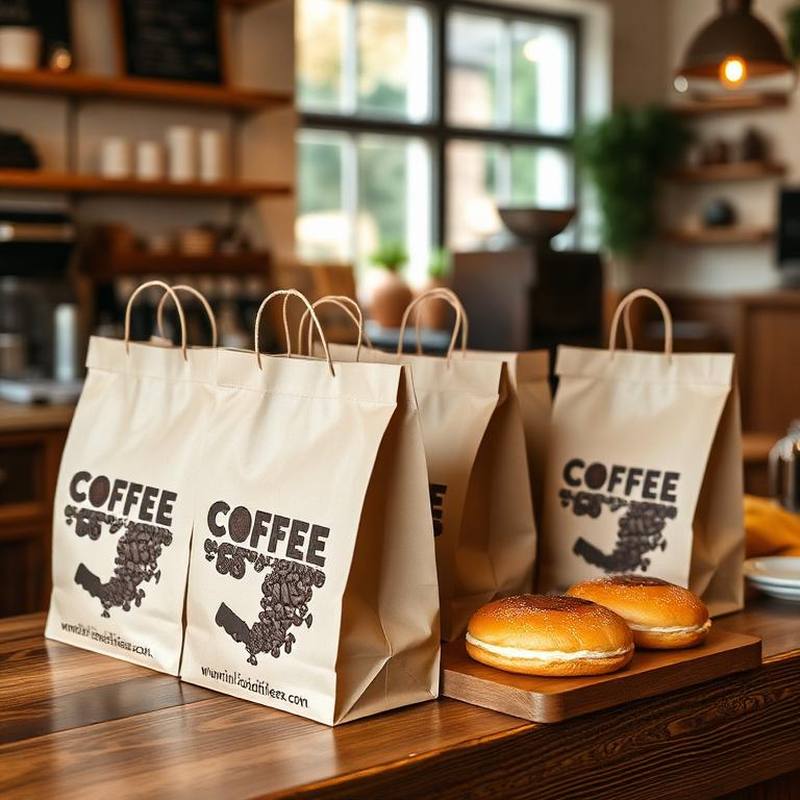 Bereitgestellte Papiertüten mit Kaffeebohnen und Gebäck für die Abholung auf einem Holztresen — EasyShopApp für Kaffeeshop & Café