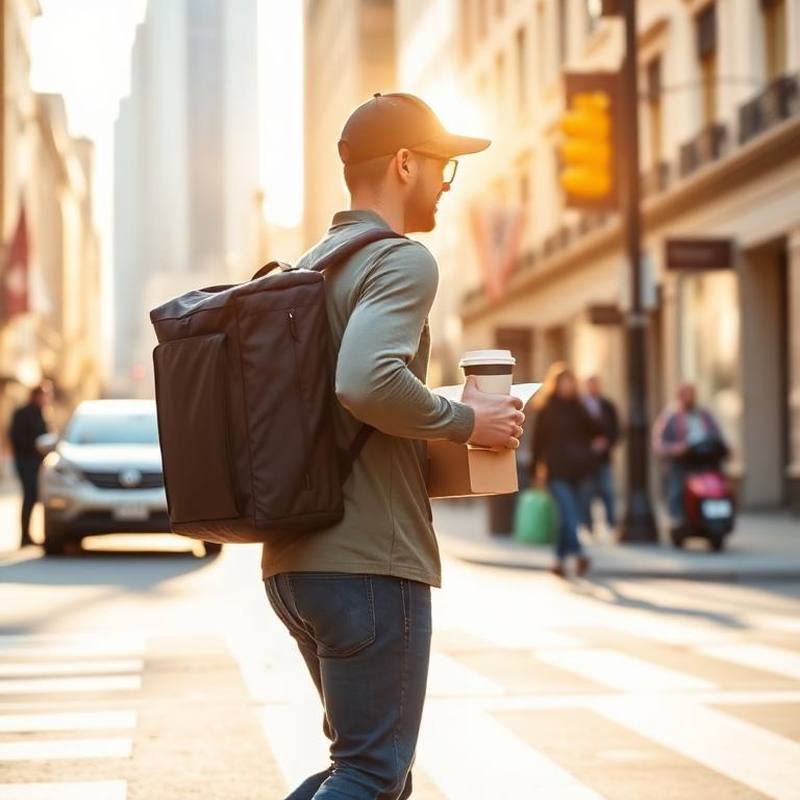Kurier mit Thermorucksack liefert eine Kaffeebestellung in der Innenstadt aus — EasyShopApp für Kaffeeshop & Café
