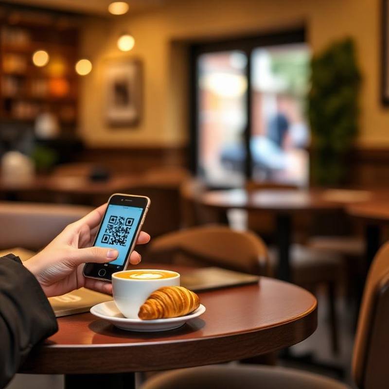 Gast scannt mit dem Smartphone einen QR-Code am Cafétisch neben Cappuccino und Croissant — EasyShopApp für Kaffeeshop & Café