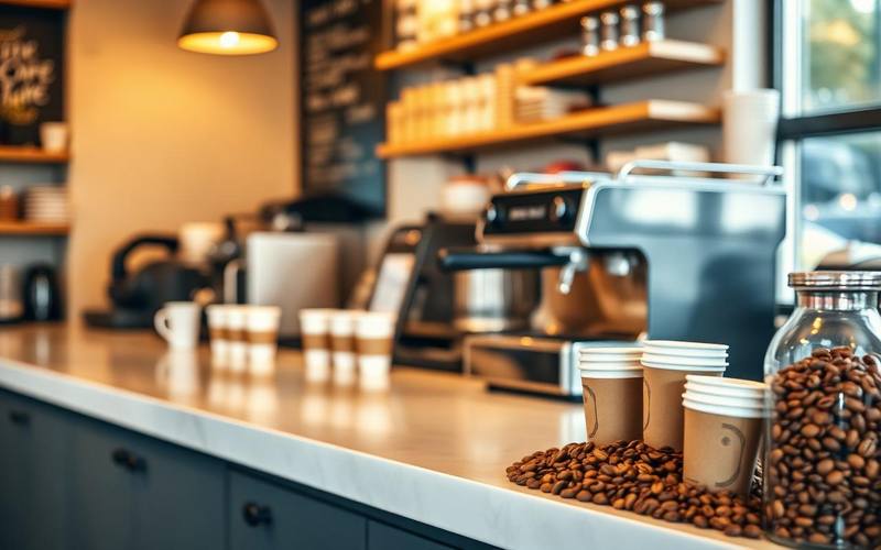 Kaffeetheke mit Espressomaschine, To-go-Bechern und Kaffeebohnen — EasyShopApp für Kaffeeshop & Café