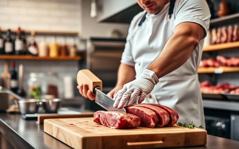 Metzger schneidet frische Steaks auf einem Holzblock in einer modernen Fleischerei — EasyShopApp für Metzgerei & Fleischerei