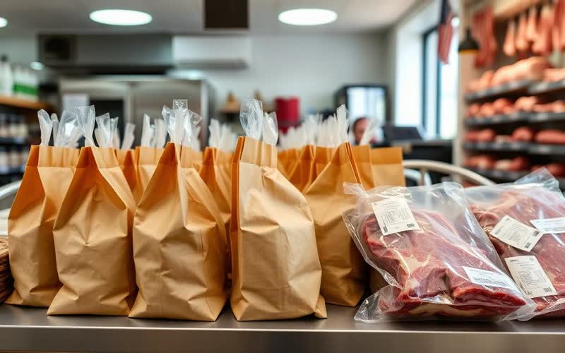 Vorbereitete Papiertüten und vakuumierte Fleischpakete stehen zur Abholung auf der Theke bereit — EasyShopApp für Metzgerei & Fleischerei