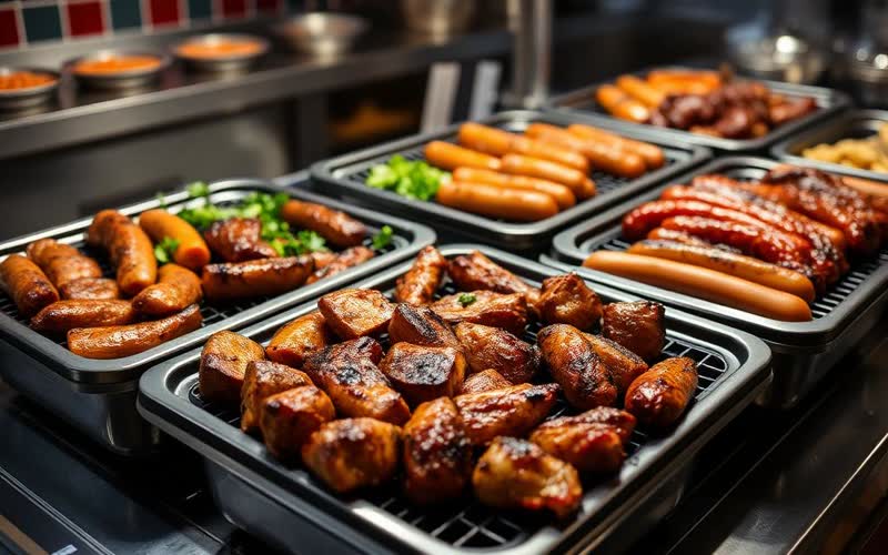 Grillplatten mit marinierten Fleischstücken und Bratwürsten für eine Feier vorbereitet — EasyShopApp für Metzgerei & Fleischerei