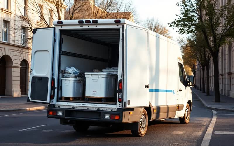 Lieferwagen wird mit isolierten Kühlboxen für die Fleischlieferung beladen — EasyShopApp für Metzgerei & Fleischerei