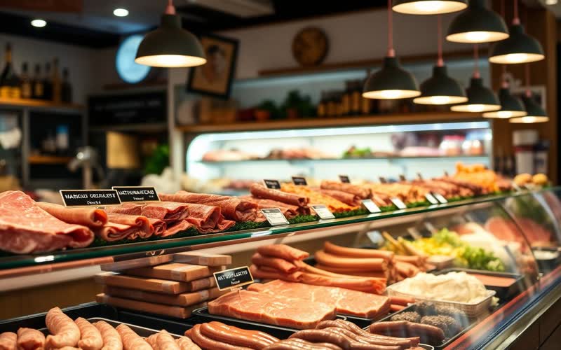 Metzgerei-Theke mit frischem Fleisch und Wurstspezialitäten in der Vitrine — EasyShopApp für Metzgerei & Fleischerei
