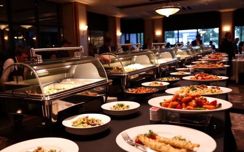 Catering-Buffet mit warmen Speisen bei einer Veranstaltung — EasyShopApp für Restaurant & Catering