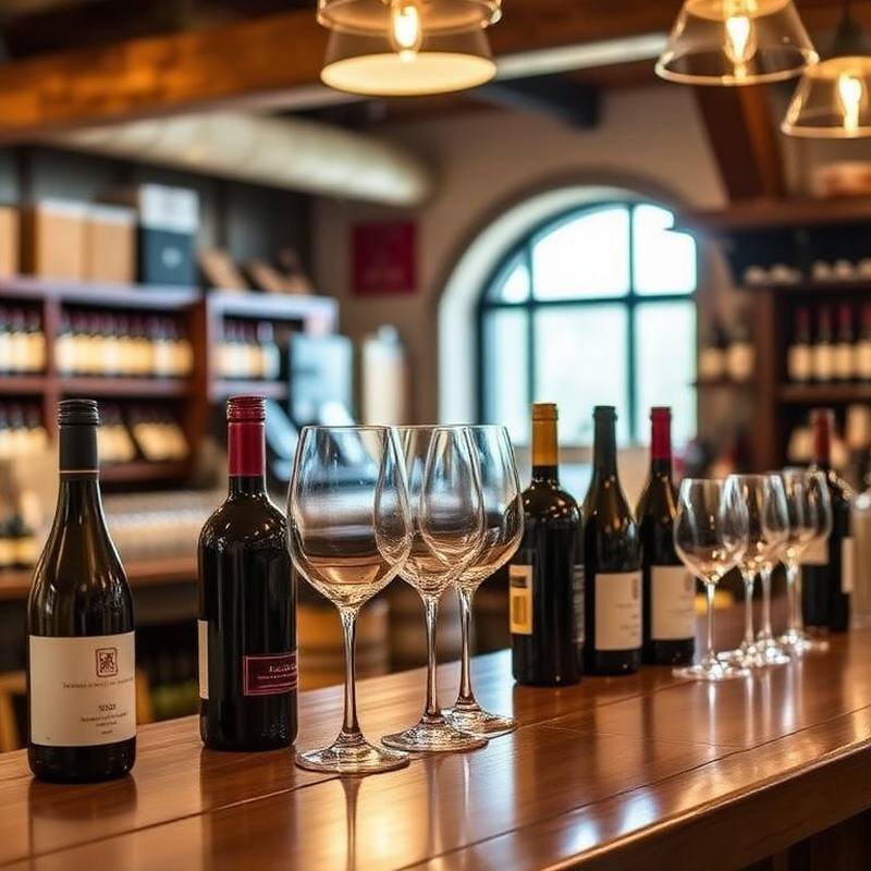 Weingläser und Flaschen auf der Verkostungstheke einer Vinothek — EasyShopApp für Winzer & Weinhandel