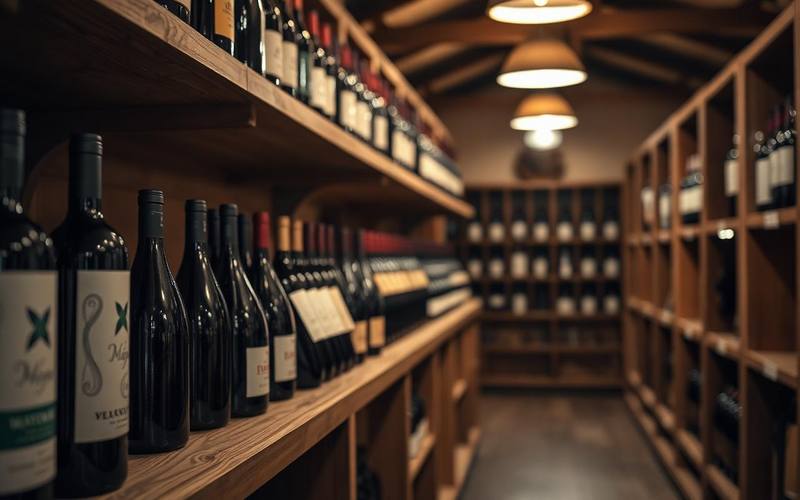 Weinregale mit Flaschen in einem Weinkeller — EasyShopApp für Winzer & Weinhandel
